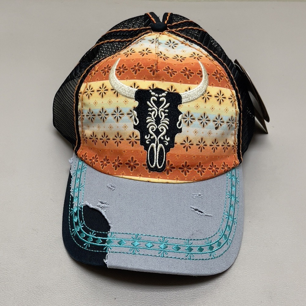 Catchfly Steer‎ Head Embroidered Cap Women Distressed Ponytail Baseball Hat NEW